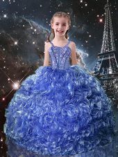 Customized Blue Organza Lace Up Kids Pageant Dress Sleeveless Floor Length Beading and Ruffles