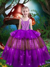 Beading and Ruffled Layers Little Girls Pageant Dress Wholesale Eggplant Purple Lace Up Sleeveless Floor Length