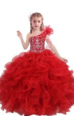 Floor Length Red Little Girl Pageant Gowns One Shoulder Sleeveless Lace Up