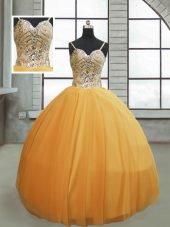 Eye-catching Gold Ball Gowns Spaghetti Straps Sleeveless Tulle Floor Length Lace Up Beading 15th Birthday Dress