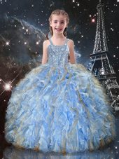 Stunning Floor Length Ball Gowns Sleeveless Light Blue Little Girls Pageant Dress Lace Up