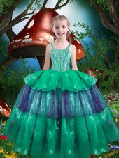 Elegant Sleeveless Floor Length Beading and Ruffled Layers Lace Up Party Dresses with Green