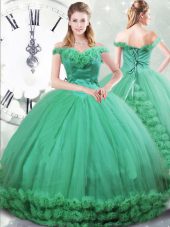 Lace Up Quinceanera Dresses Turquoise for Military Ball and Sweet 16 and Quinceanera with Hand Made Flower Brush Train
