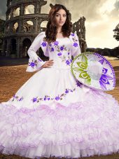 High Class Floor Length Lace Up Quinceanera Dress White for Military Ball and Sweet 16 and Quinceanera with Embroidery and Ruffled Layers