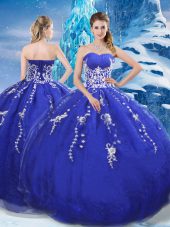 Sleeveless Floor Length Appliques Lace Up Ball Gown Prom Dress with Blue