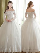 Super White Tulle Lace Up Off The Shoulder 3 4 Length Sleeve Floor Length Wedding Gowns Lace and Appliques