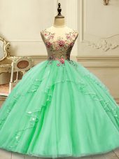 Green Ball Gowns Scoop Sleeveless Tulle Floor Length Lace Up Appliques Sweet 16 Dresses