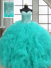 Dramatic Turquoise 15th Birthday Dress Military Ball and Sweet 16 and Quinceanera with Beading and Ruffles Sweetheart Sleeveless Lace Up
