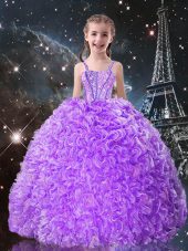 Superior Lilac Sleeveless Floor Length Beading and Ruffles Lace Up Kids Formal Wear