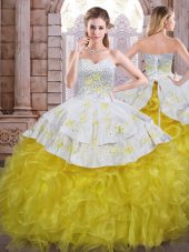 Yellow And White Organza Lace Up Quince Ball Gowns Sleeveless Floor Length Beading and Appliques and Ruffles