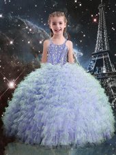 Light Blue Lace Up Straps Beading and Ruffles Girls Pageant Dresses Organza Sleeveless