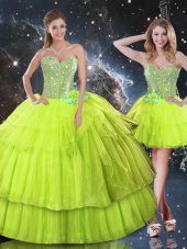 Chic Floor Length Lace Up Quinceanera Gowns Yellow Green for Military Ball and Sweet 16 and Quinceanera with Ruffled Layers