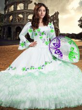 Sumptuous Square Long Sleeves Ball Gown Prom Dress Floor Length Embroidery and Ruffled Layers White Organza