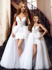 On Sale White V-neck Neckline Beading and Lace Prom Gown Sleeveless Lace Up