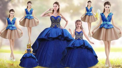 Eye-catching Sweetheart Sleeveless Court Train Lace Up Quinceanera Gown Blue Taffeta