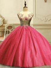 Super Scoop Sleeveless Sweet 16 Quinceanera Dress Floor Length Appliques and Sequins Coral Red Tulle