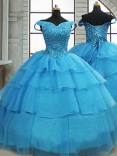 Edgy Baby Blue Quinceanera Dresses Off The Shoulder Sleeveless Brush Train Lace Up