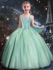 Superior Floor Length Turquoise Little Girl Pageant Dress Straps Sleeveless Lace Up