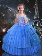 Light Blue Straps Lace Up Beading and Ruffled Layers Pageant Gowns For Girls Sleeveless