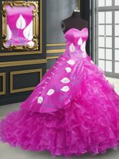 Smart Sleeveless Embroidery and Ruffles Lace Up Quinceanera Dress with Fuchsia Brush Train