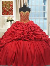 Enchanting Red Vestidos de Quinceanera Military Ball and Sweet 16 and Quinceanera with Beading and Pick Ups Sweetheart Sleeveless Brush Train Lace Up