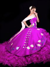 Fuchsia Quinceanera Gown V-neck Sleeveless Brush Train Lace Up