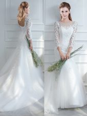 Discount White Lace Up Scoop Lace Bridal Gown Tulle Long Sleeves Court Train