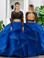 Blue Long Sleeves Lace and Ruffles Floor Length Quinceanera Gown