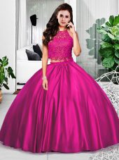 Fuchsia Two Pieces Lace and Ruching Quinceanera Gowns Zipper Taffeta Sleeveless Floor Length