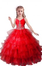 Floor Length Red Juniors Party Dress Organza Sleeveless Beading and Ruffled Layers