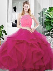 Scoop Sleeveless Quinceanera Dress Floor Length Lace and Ruffles Fuchsia Tulle