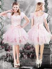 Dynamic Organza V-neck Short Sleeves Lace Up Beading and Appliques and Ruffles and Hand Made Flower Homecoming Dress in Baby Pink