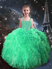 Pretty Sleeveless Floor Length Beading and Ruffles Lace Up Little Girl Pageant Gowns with Apple Green