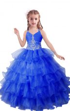 Popular Sleeveless Floor Length Beading and Ruffled Layers Zipper Kids Formal Wear with Blue