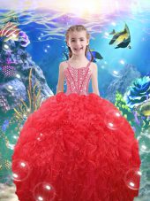 Coral Red Ball Gowns Straps Sleeveless Organza Floor Length Lace Up Beading and Ruffles Party Dress for Toddlers