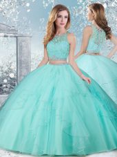 Scoop Sleeveless Clasp Handle Ball Gown Prom Dress Aqua Blue Tulle