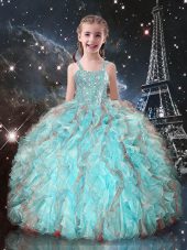 Floor Length Aqua Blue Child Pageant Dress Straps Sleeveless Lace Up