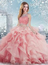 Baby Pink Ball Gowns Satin Scoop Sleeveless Beading and Ruffles Floor Length Clasp Handle 15 Quinceanera Dress