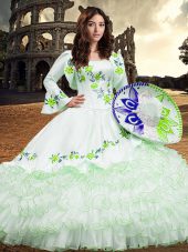 Fine White Ball Gowns Embroidery and Ruffled Layers Quinceanera Gowns Lace Up Organza Long Sleeves Floor Length
