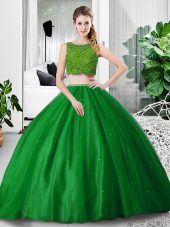 Green Two Pieces Tulle Scoop Sleeveless Lace and Ruching Floor Length Zipper Quinceanera Gown