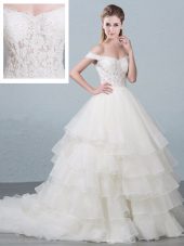 On Sale White Ball Gowns Lace and Ruffled Layers Bridal Gown Lace Up Organza Sleeveless