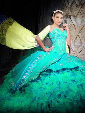 Turquoise Sleeveless With Train Embroidery and Ruffles Lace Up Sweet 16 Dress