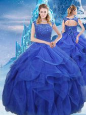 Suitable Royal Blue Ball Gowns Organza Bateau Sleeveless Ruffles and Sequins Floor Length Lace Up Vestidos de Quinceanera