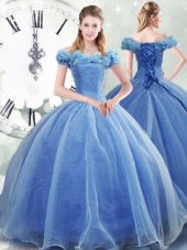 Smart Light Blue Ball Gowns Off The Shoulder Sleeveless Organza Brush Train Lace Up Pick Ups Sweet 16 Dress