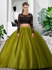 Nice Floor Length Olive Green Ball Gown Prom Dress Scoop Long Sleeves Backless
