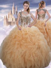 Ideal Sleeveless Floor Length Beading and Ruffles Lace Up Sweet 16 Dress with Champagne