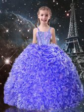 Sleeveless Organza Floor Length Lace Up Little Girl Pageant Dress in Blue with Beading and Ruffles