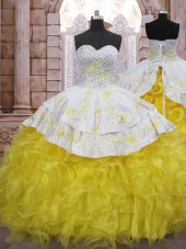 Dramatic Yellow And White Sleeveless Organza Brush Train Lace Up Sweet 16 Dresses for Military Ball and Sweet 16 and Quinceanera
