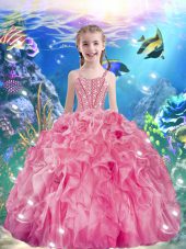 Elegant Sleeveless Organza Floor Length Lace Up Little Girl Pageant Gowns in Rose Pink with Beading and Ruffles