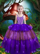 On Sale Purple Lace Up Little Girl Pageant Gowns Beading and Ruffled Layers Sleeveless Floor Length